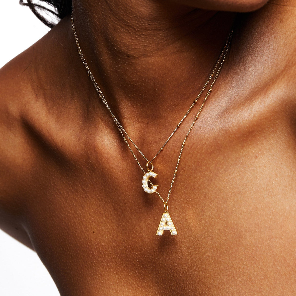 Pearl & Initial Charm Pendant Necklace, 18K Gold Stainless Steel, Waterproof - Mari Gavane