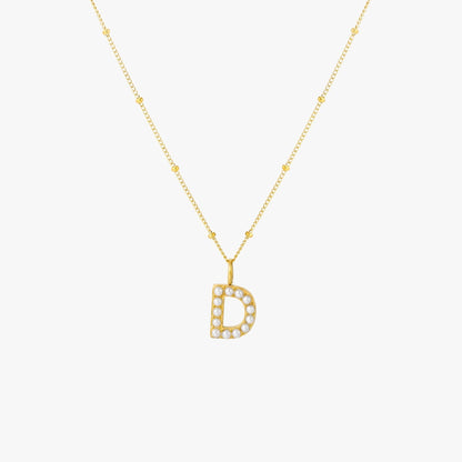 Pearl & Initial Charm Pendant Necklace, 18K Gold Stainless Steel, Waterproof - Mari Gavane