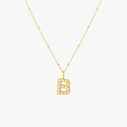 Pearl & Initial Charm Pendant Necklace, 18K Gold Stainless Steel, Waterproof - Mari Gavane