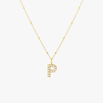 Pearl & Initial Charm Pendant Necklace, 18K Gold Stainless Steel, Waterproof - Mari Gavane