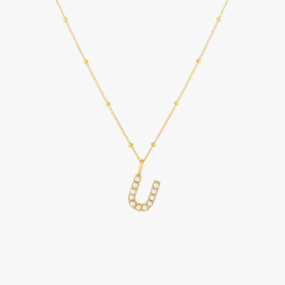 Pearl & Initial Charm Pendant Necklace, 18K Gold Stainless Steel, Waterproof - Mari Gavane