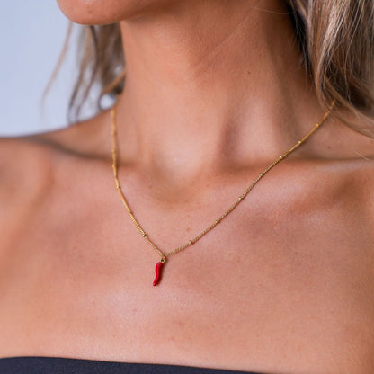 Red Chilli Pepper Charm Necklace, 18K Gold Stainless Steel, Waterproof - Mari Gavane