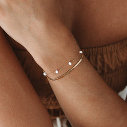 Herringbone Pearl Layered Bracelet, 18K Gold Stainless Steel, Waterproof