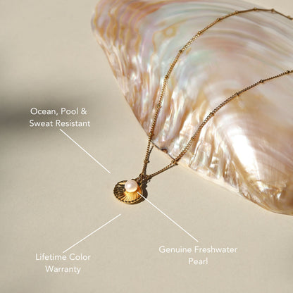 Seashell Pearl Pendant Necklace, 18K Gold Stainless Steel, Waterproof - Mari Gavane