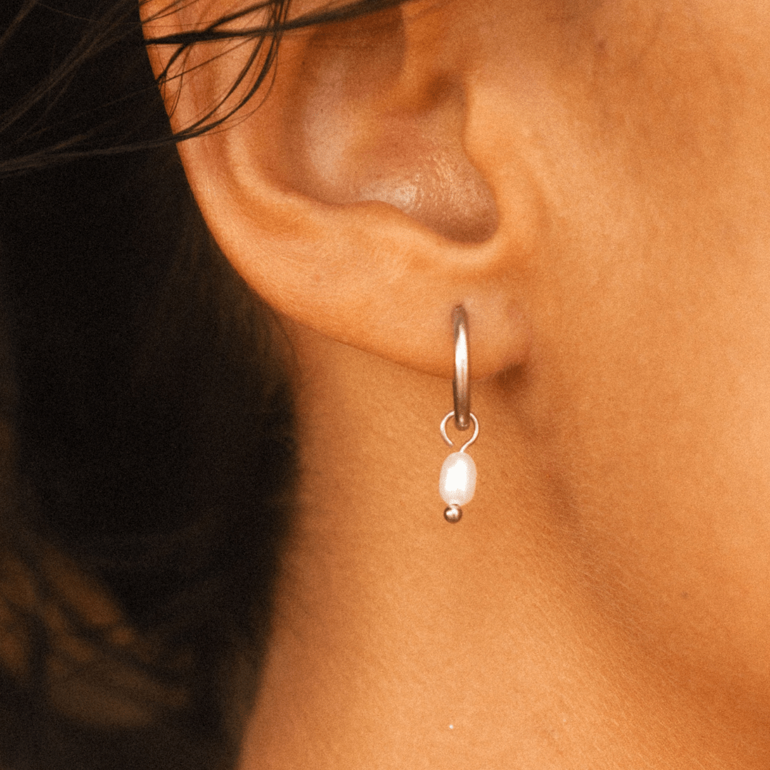 Single Freshwater Pearl Huggie Hoop Earrings, 18K Gold Stainless Steel, Waterproof - Mari Gavane