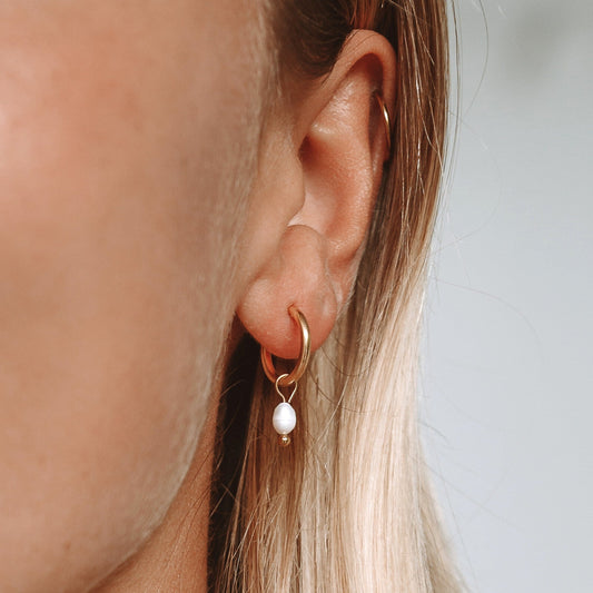 Single Freshwater Pearl Huggie Hoop Earrings, 18K Gold Stainless Steel, Waterproof - Mari Gavane
