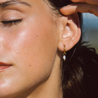 Single Freshwater Pearl Huggie Hoop Earrings, 18K Gold Stainless Steel, Waterproof - Mari Gavane