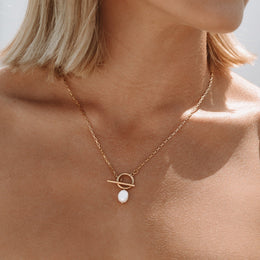 Single Freshwater Pearl Toggle Necklace, 18K Gold Stainless Steel, Waterproof