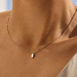 Single White Zircon Pendant Necklace, 18K Gold Stainless Steel, Waterproof