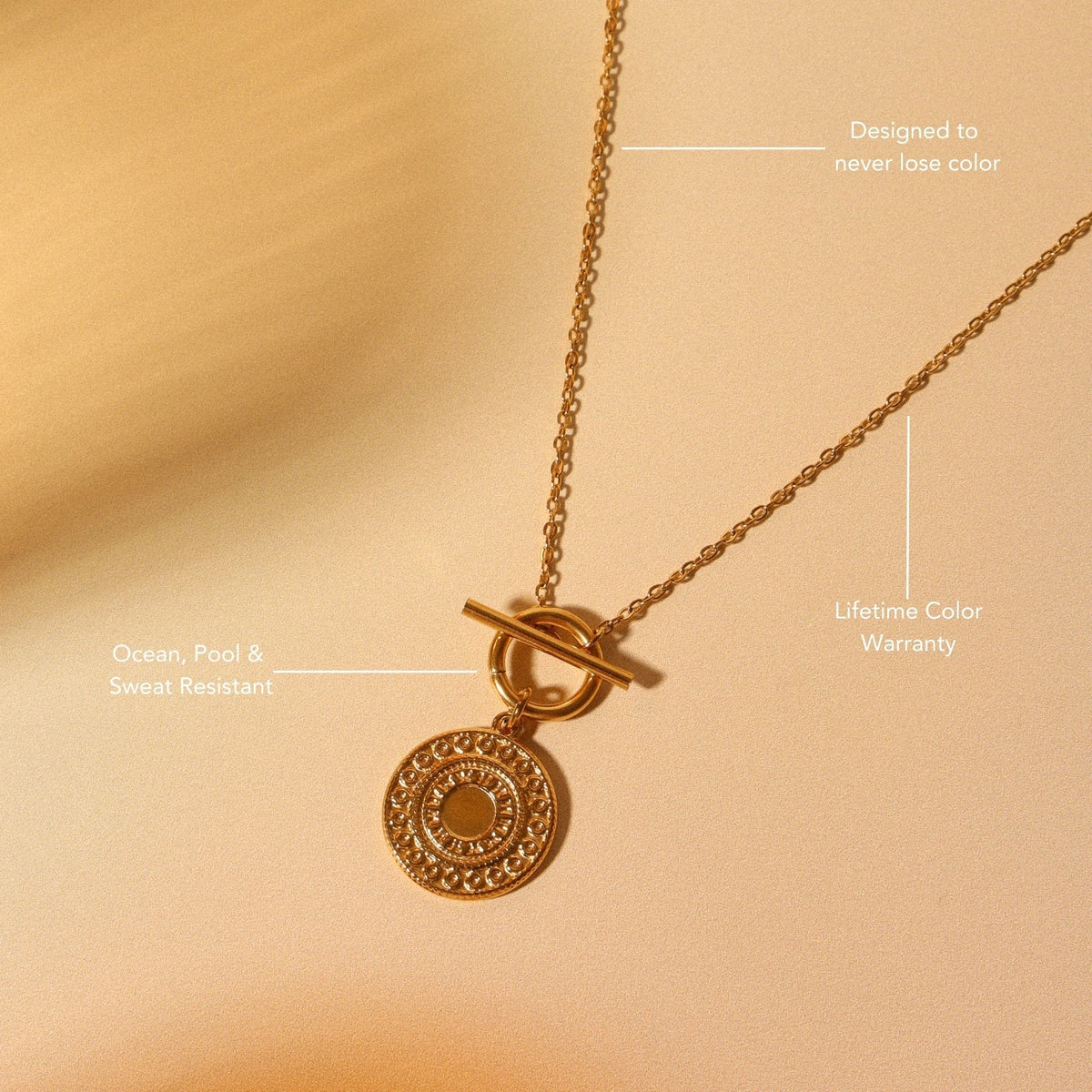 Sun Pendant Coin Necklace, 18K Gold Stainless Steel, Waterproof - Mari Gavane