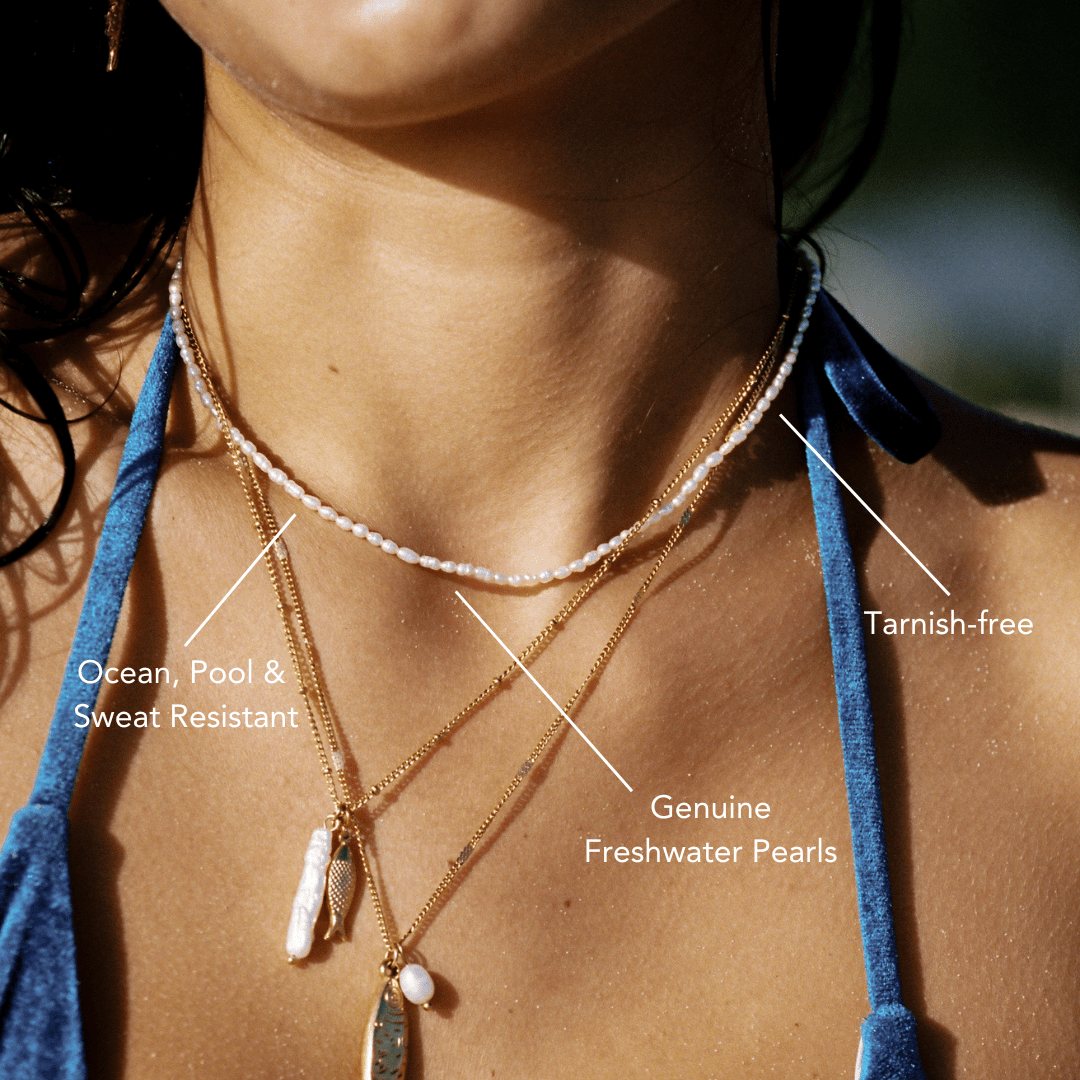 Tiny Freshwater Pearl Choker Necklace, 18K Gold Stainless Steel, Waterproof - Mari Gavane