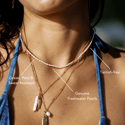 Tiny Freshwater Pearl Choker Necklace, 18K Gold Stainless Steel, Waterproof - Mari Gavane