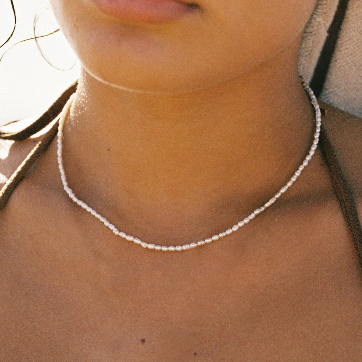 Tiny Freshwater Pearl Choker Necklace, 18K Gold Stainless Steel, Waterproof - Mari Gavane