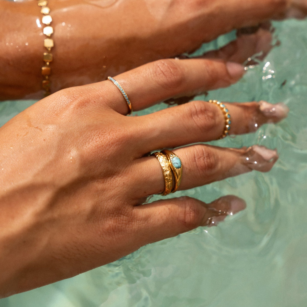 Turquoise Dainty Band Ring, 18K Gold Stainless Steel, Waterproof - Mari Gavane