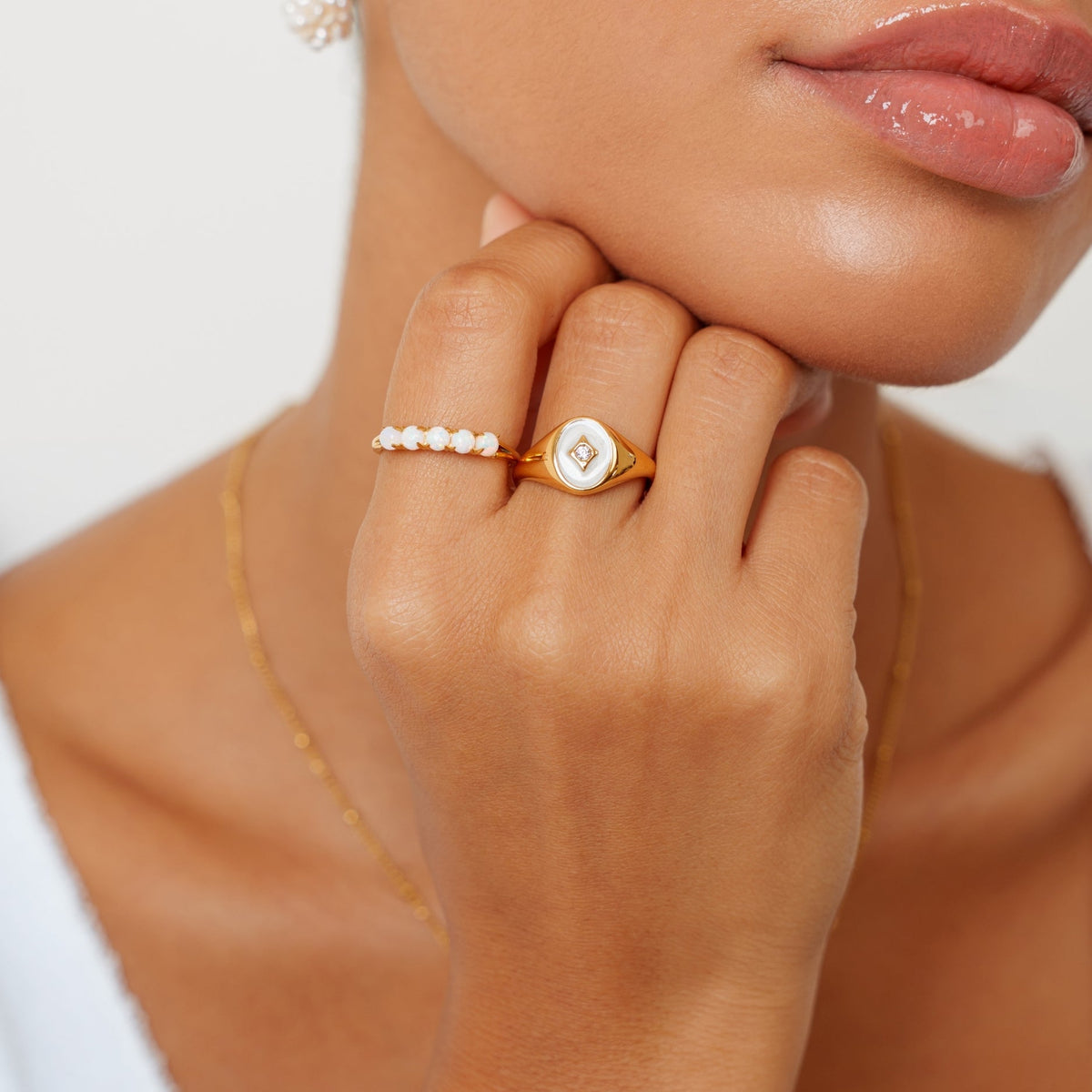 White Enamel Pearl Signet Ring, 18K Gold Stainless Steel, Waterproof - Mari Gavane