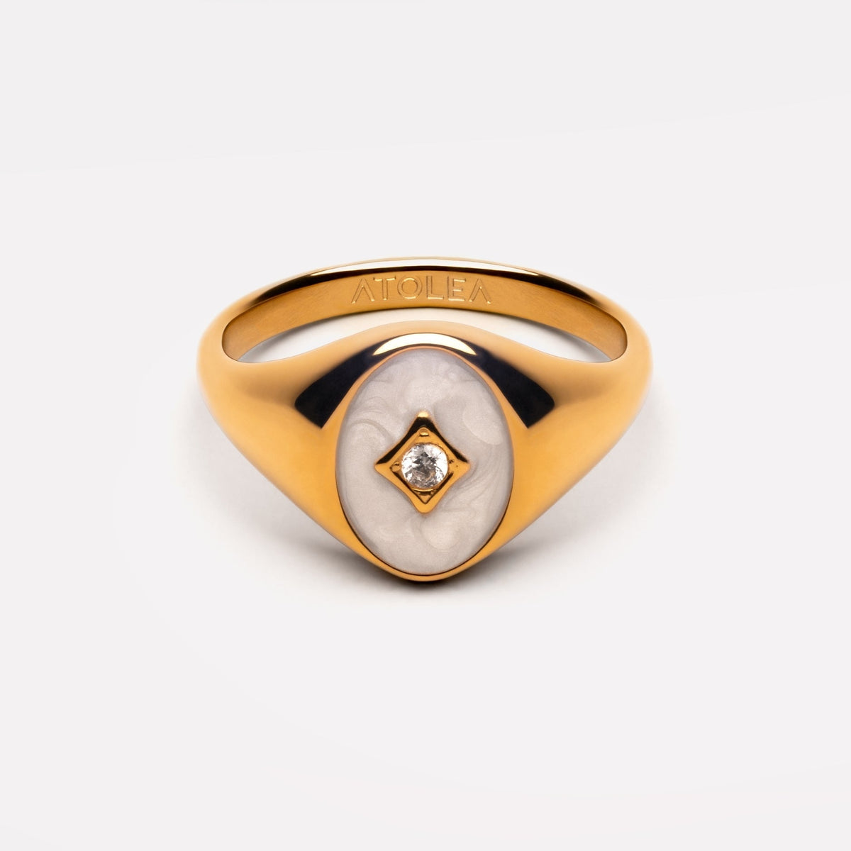 White Enamel Pearl Signet Ring, 18K Gold Stainless Steel, Waterproof - Mari Gavane