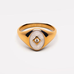 White Enamel Pearl Signet Ring, 18K Gold Stainless Steel, Waterproof
