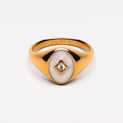 White Enamel Pearl Signet Ring, 18K Gold Stainless Steel, Waterproof - Mari Gavane
