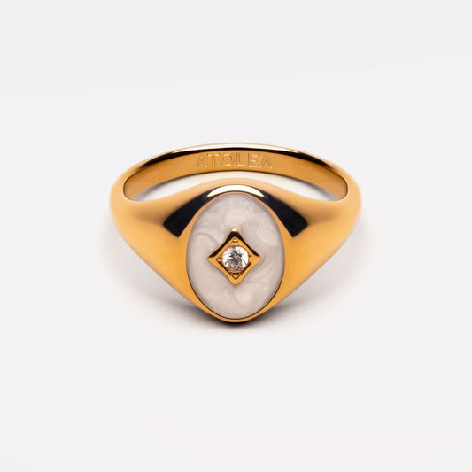 White Enamel Pearl Signet Ring, 18K Gold Stainless Steel, Waterproof - Mari Gavane