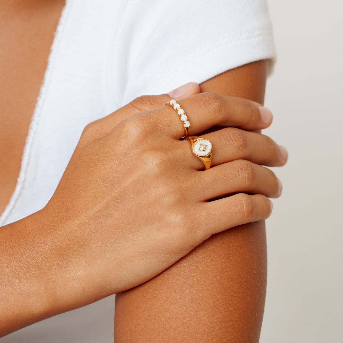 White Enamel Pearl Signet Ring, 18K Gold Stainless Steel, Waterproof - Mari Gavane
